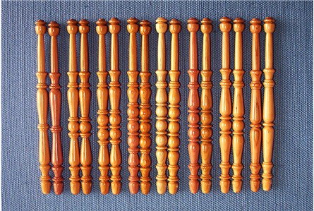 Eight pairs of ornamentally turned Midlands Bobbins in yew.